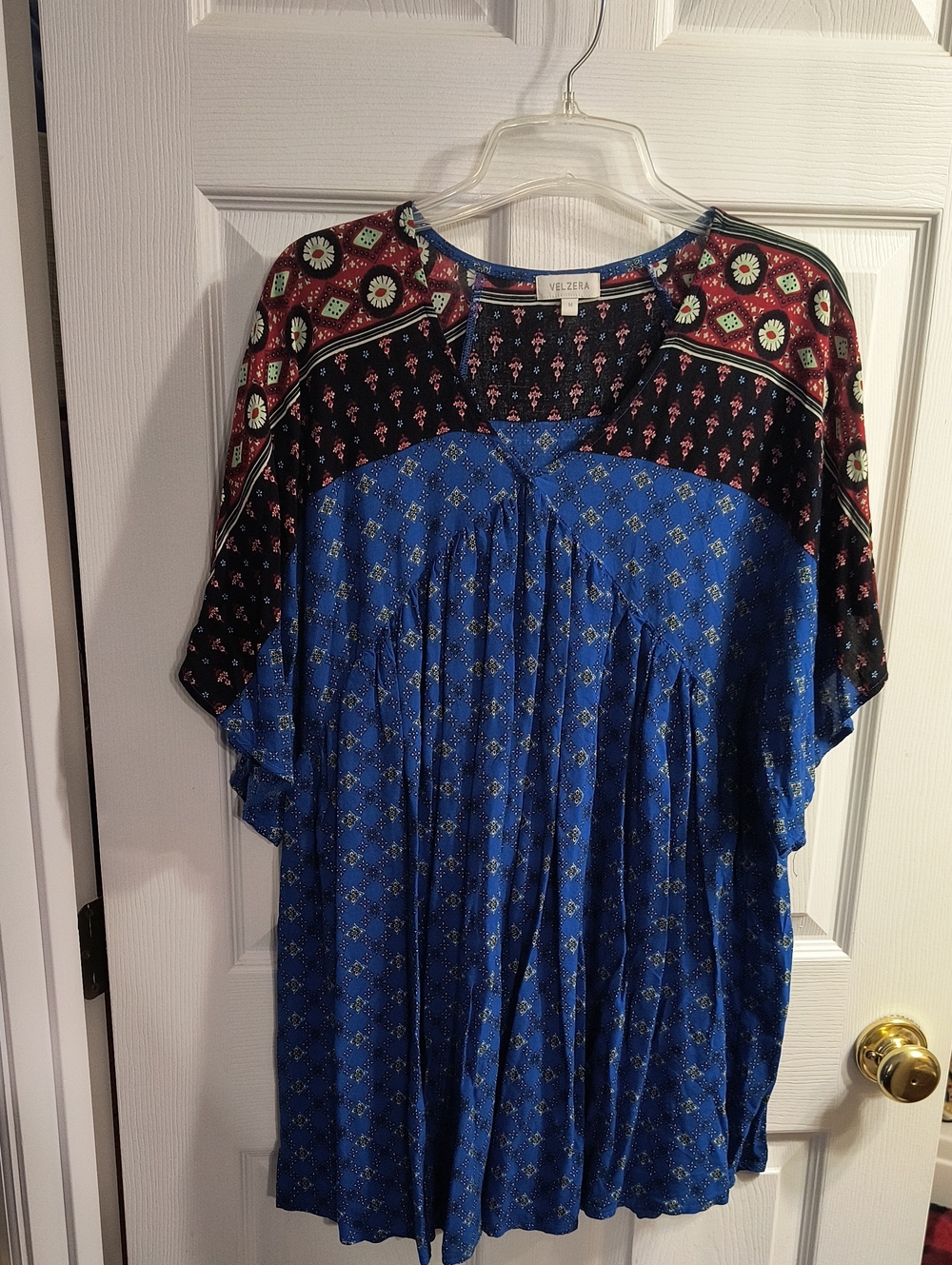 Velzera Blue and Black Mixed-Print Tunic Top